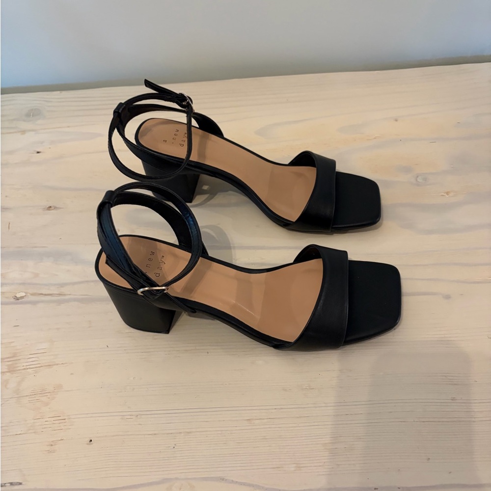 A New Day Black Ankle Strap Block Heels – Size 7 – Square Toe Sandals